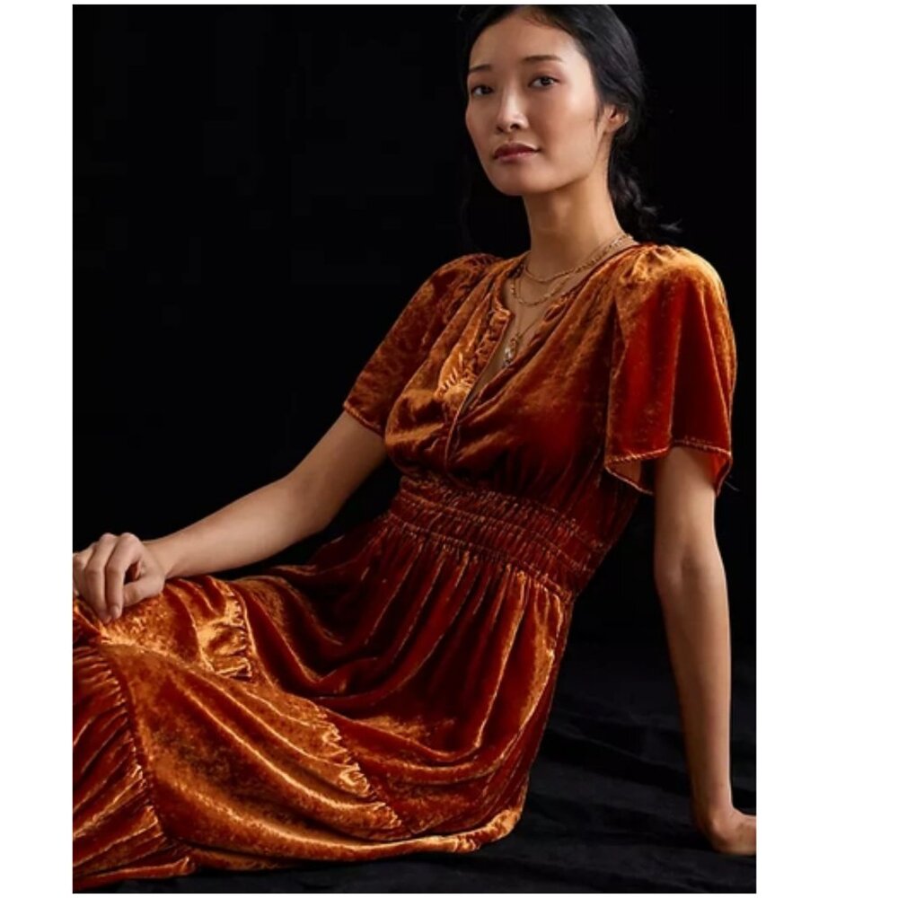 Anthropologie Somerset Velvet Maxi Dress size XS copper orange yellow honey tier - Picture 4 of 11
